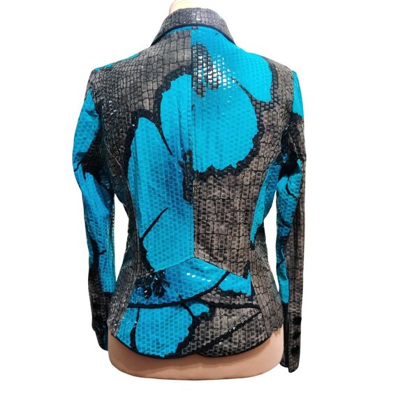 Womens L Blue Blazer Snake Floral Print Bold Chic Glam Statement Jacket Peplum - Picture 2 of 16